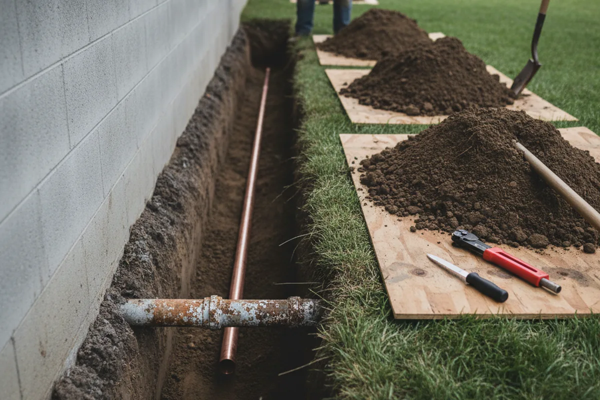 Excavated water line trench during Water Softener Installation in Milton Freewater